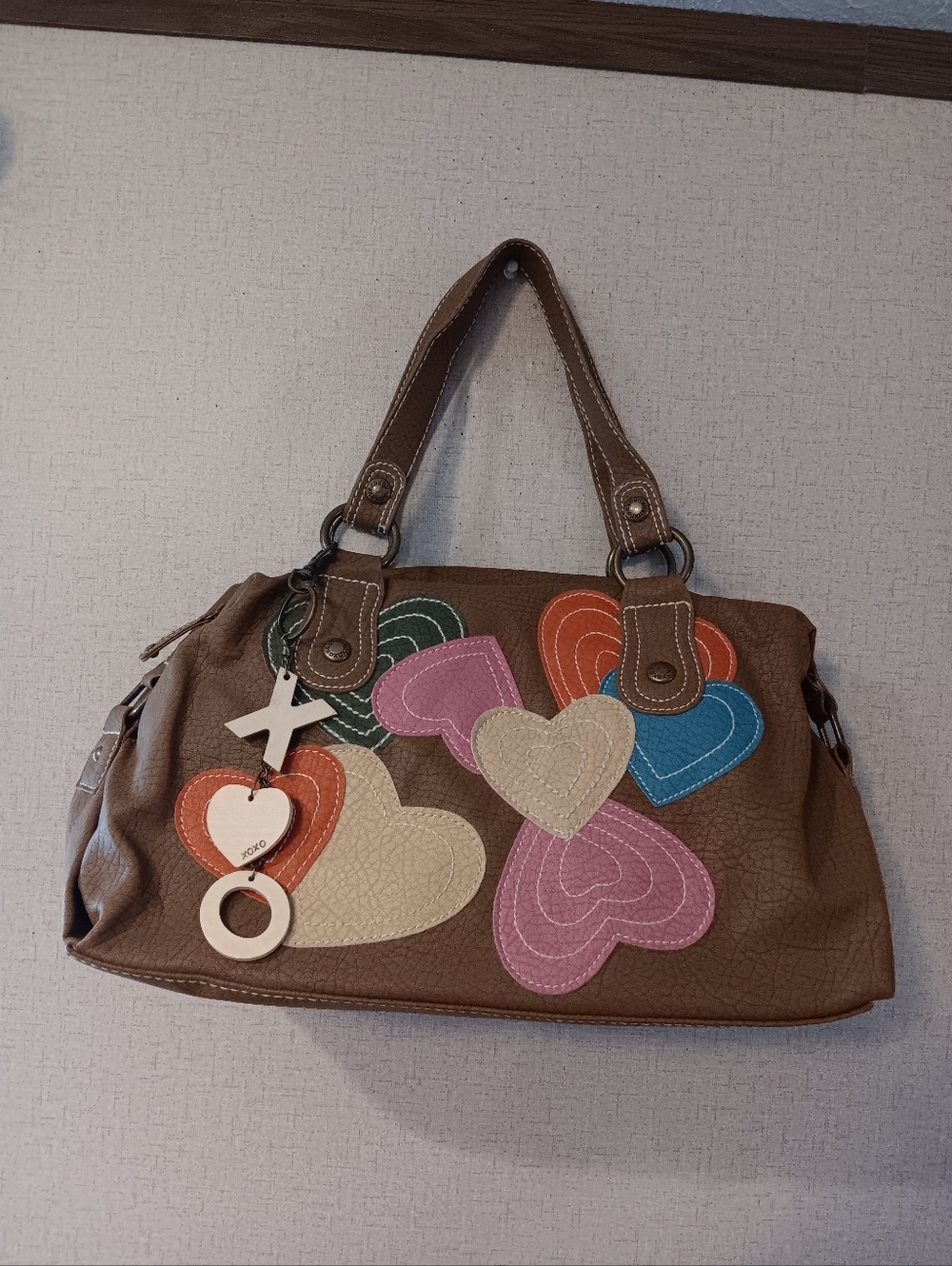 Y2k XOXO Brown Shoulder Bag with Multicolor Heart Appliqués